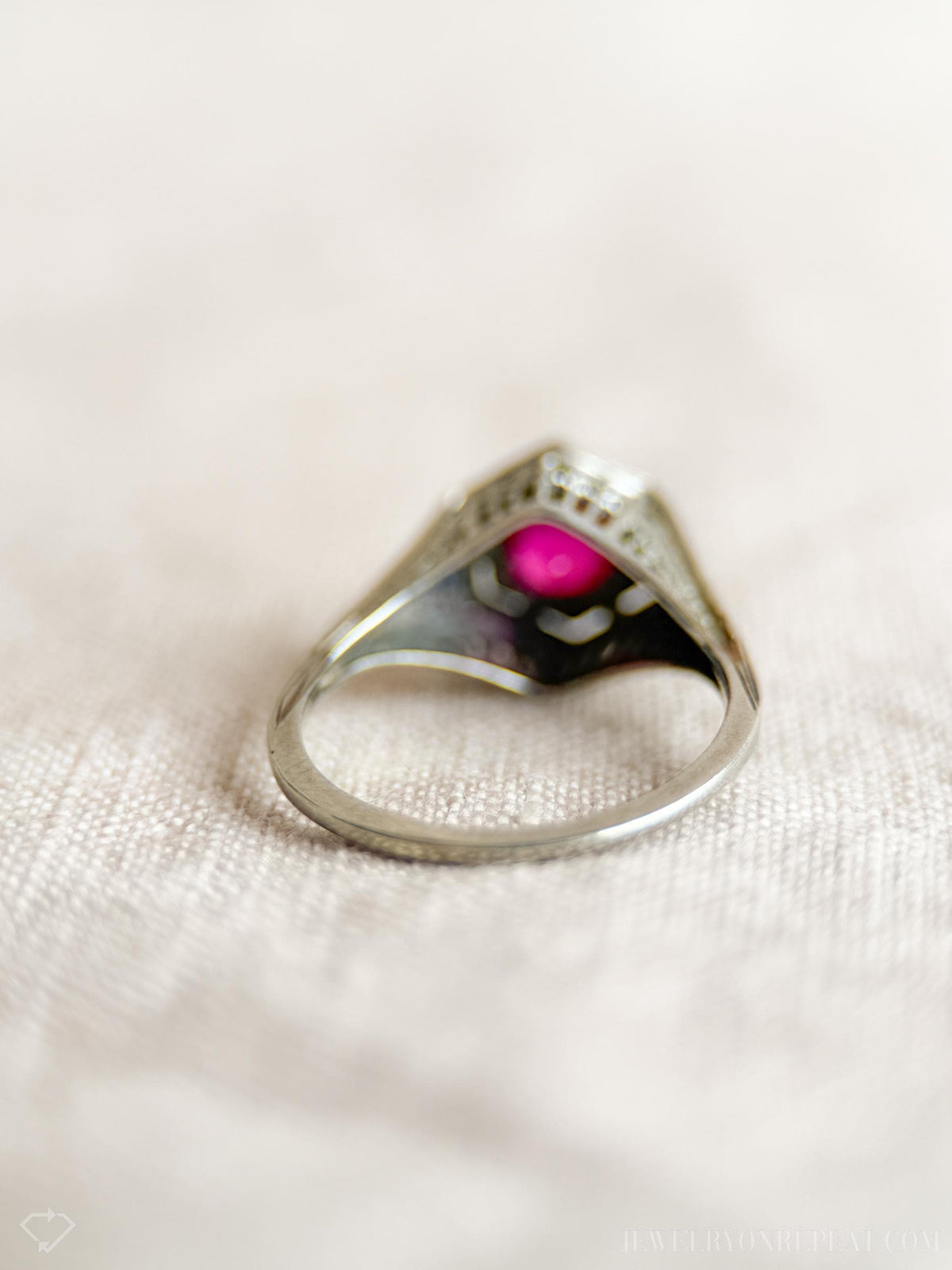 Vintage 1930s Art Deco Ruby Engagement Ring, 18k White Gold Filigree Design • One-of-a-kind Jewelry