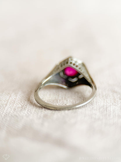 Vintage 1930s Art Deco Ruby Engagement Ring, 18k White Gold Filigree Design • One-of-a-kind Jewelry