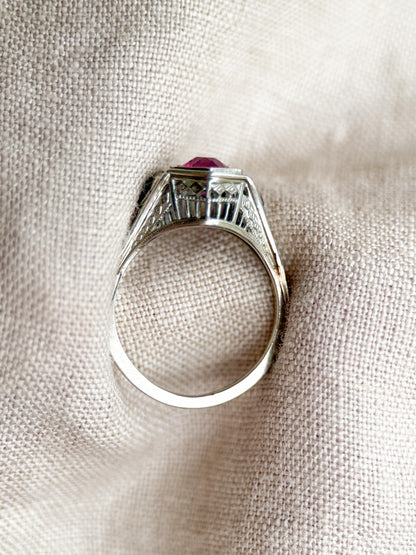 Vintage 1930s Art Deco Ruby Engagement Ring, 18k White Gold Filigree Design • One-of-a-kind Jewelry