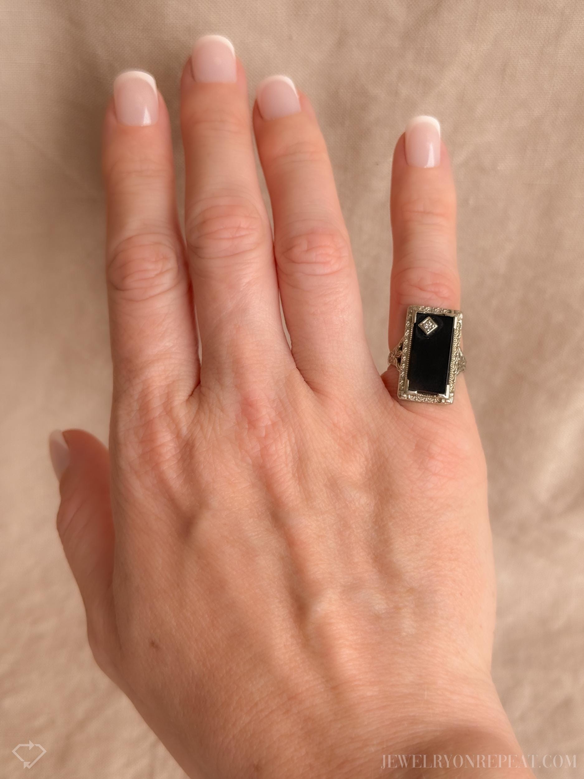 Vintage Onyx and Diamond Ring in 18k White Gold, Antique Jewelry from the 1940s - Timeless, Sustainable, @JewelryOnRepeat