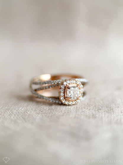Vintage Diamond Engagement Ring, Cushion Cut, 14k White & Rose Gold, 2000s Criss-Cross Infinity Setting
