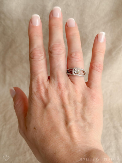 Vintage Diamond Engagement Ring, Cushion Cut, 14k White & Rose Gold, 2000s Criss-Cross Infinity Setting