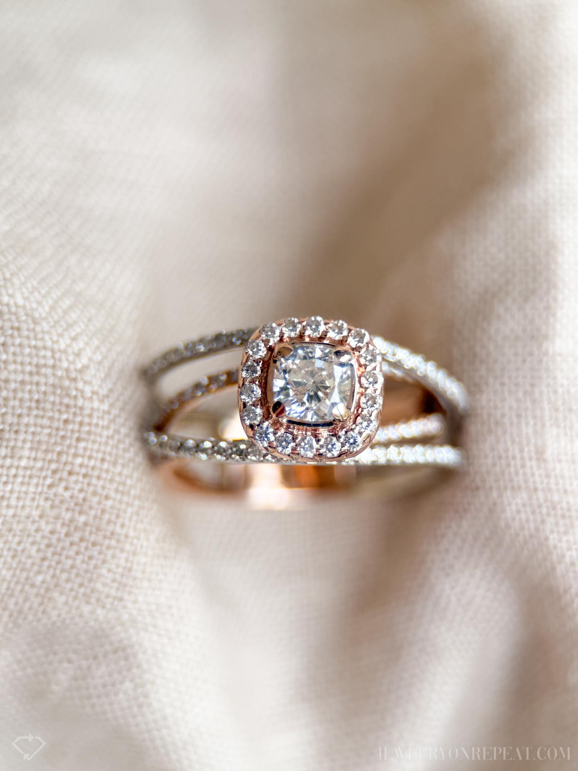 Vintage Diamond Halo Engagement Ring in 14k Rose and White Gold, Retro Jewelry from the 1990s - Timeless, Sustainable, @JewelryOnRepeat