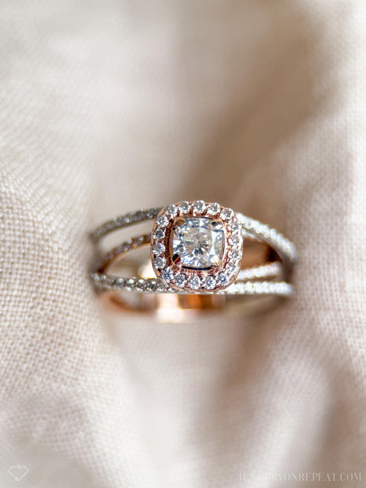Vintage Diamond Halo Engagement Ring in 14k Rose and White Gold, Retro Jewelry from the 1990s - Timeless, Sustainable, @JewelryOnRepeat