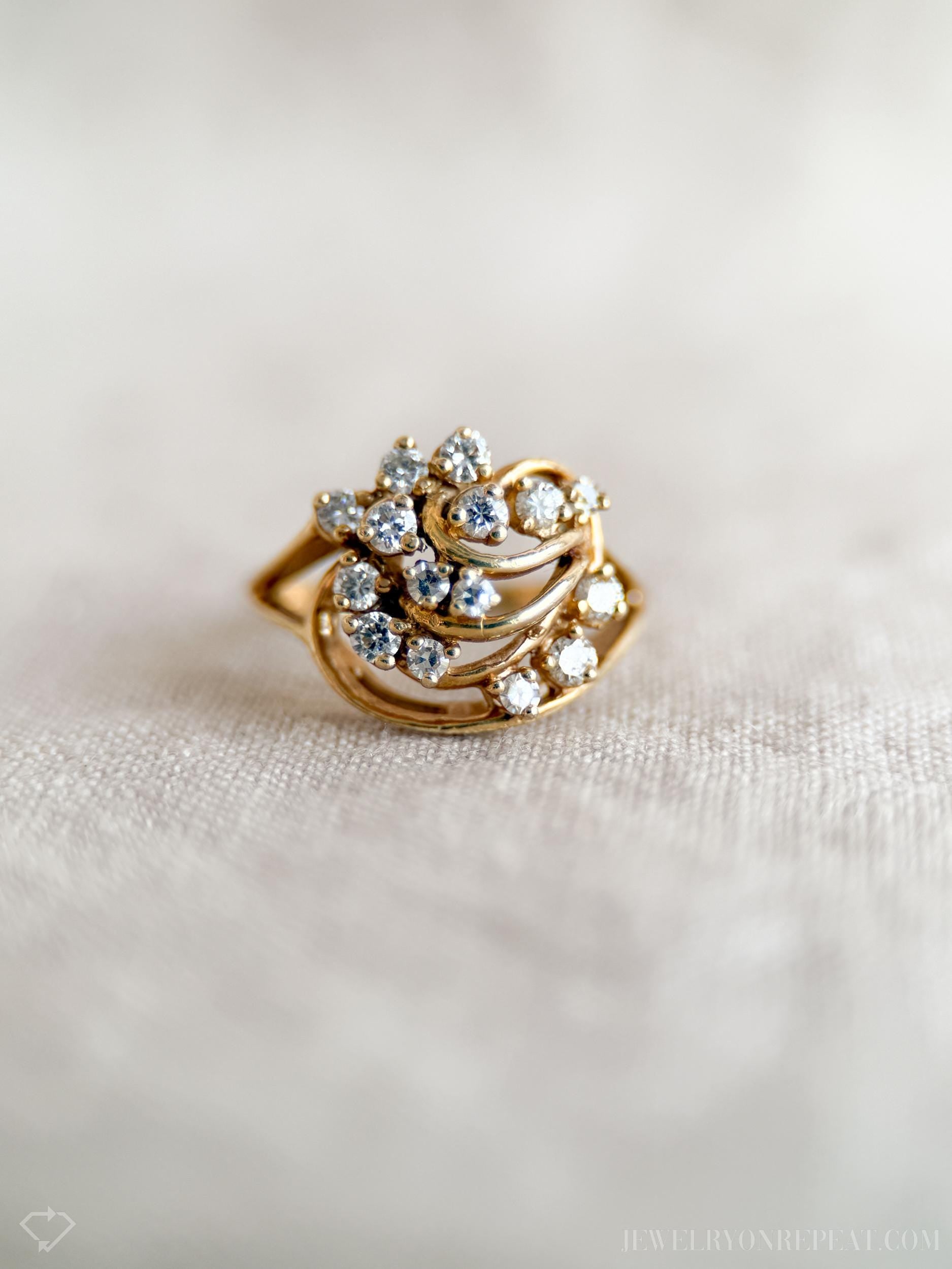 Vintage Diamond Engagement Ring, Round Cut, 14k Gold, 1990s Cluster Wedding Ring
