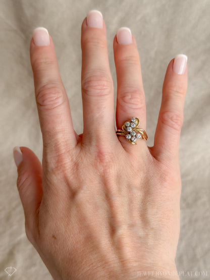 Vintage 1990s Diamond Engagement Ring, 14k Gold Cluster Style Ring, Unique Bridal Jewelry