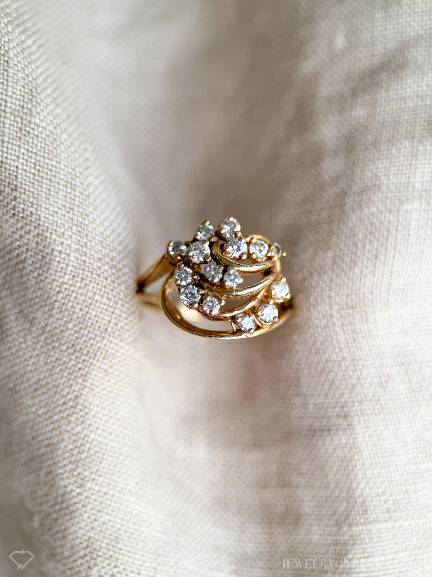 Vintage Diamond Engagement Ring, Round Cut, 14k Gold, 1990s Cluster Wedding Ring