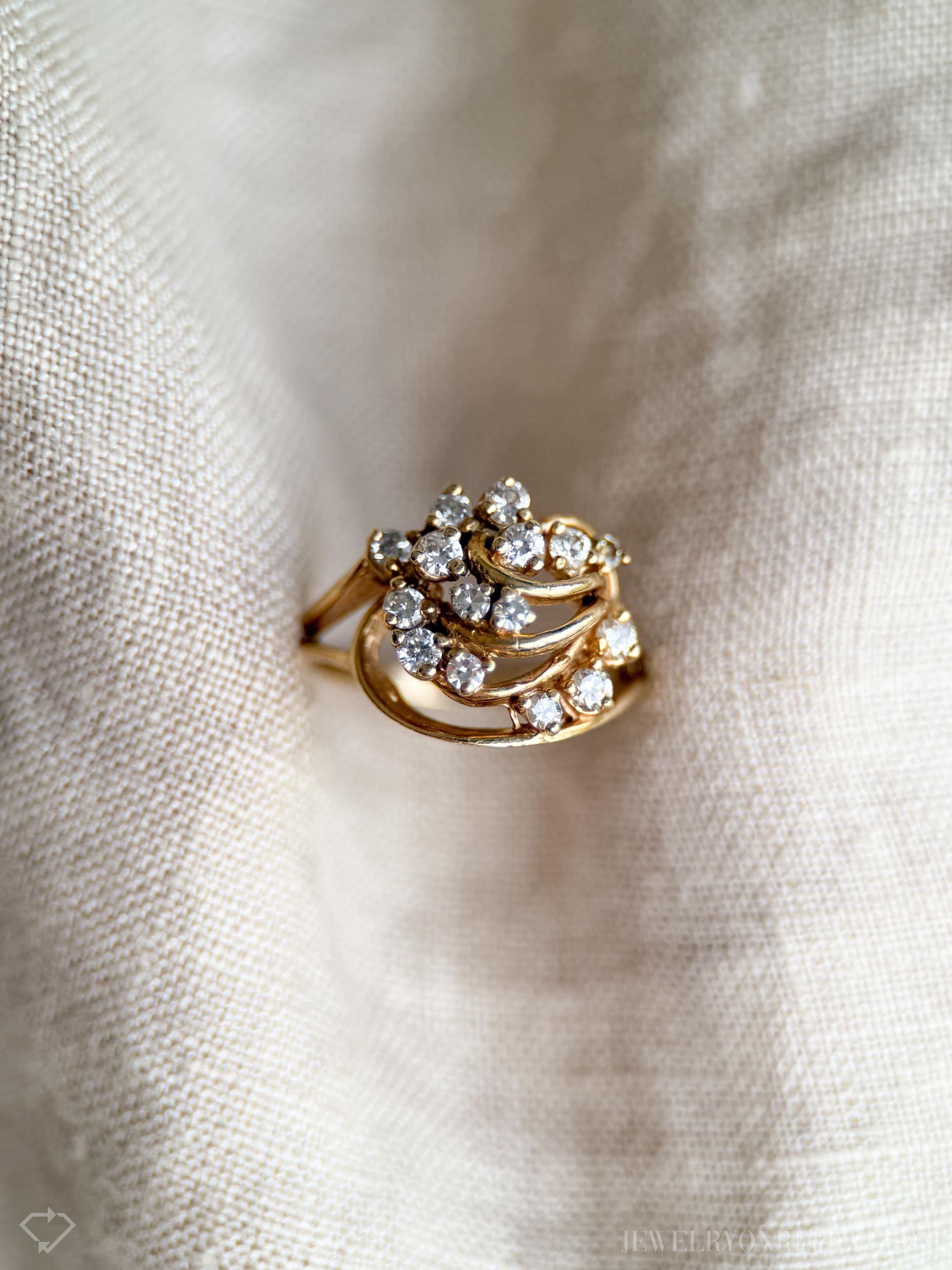 Vintage Diamond Engagement Ring, Round Cut, 14k Gold, 1990s Cluster Wedding Ring