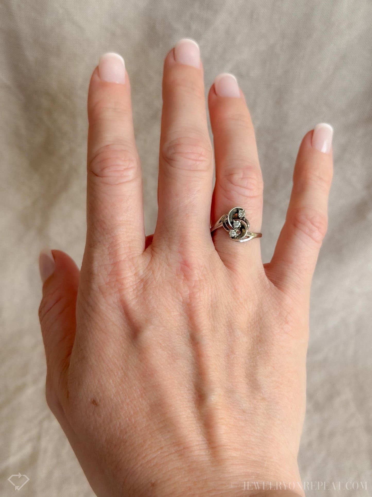 Vintage Diamond Engagement Ring, Round Cut, 14k White Gold, 1970s Three Stone Swirl Setting