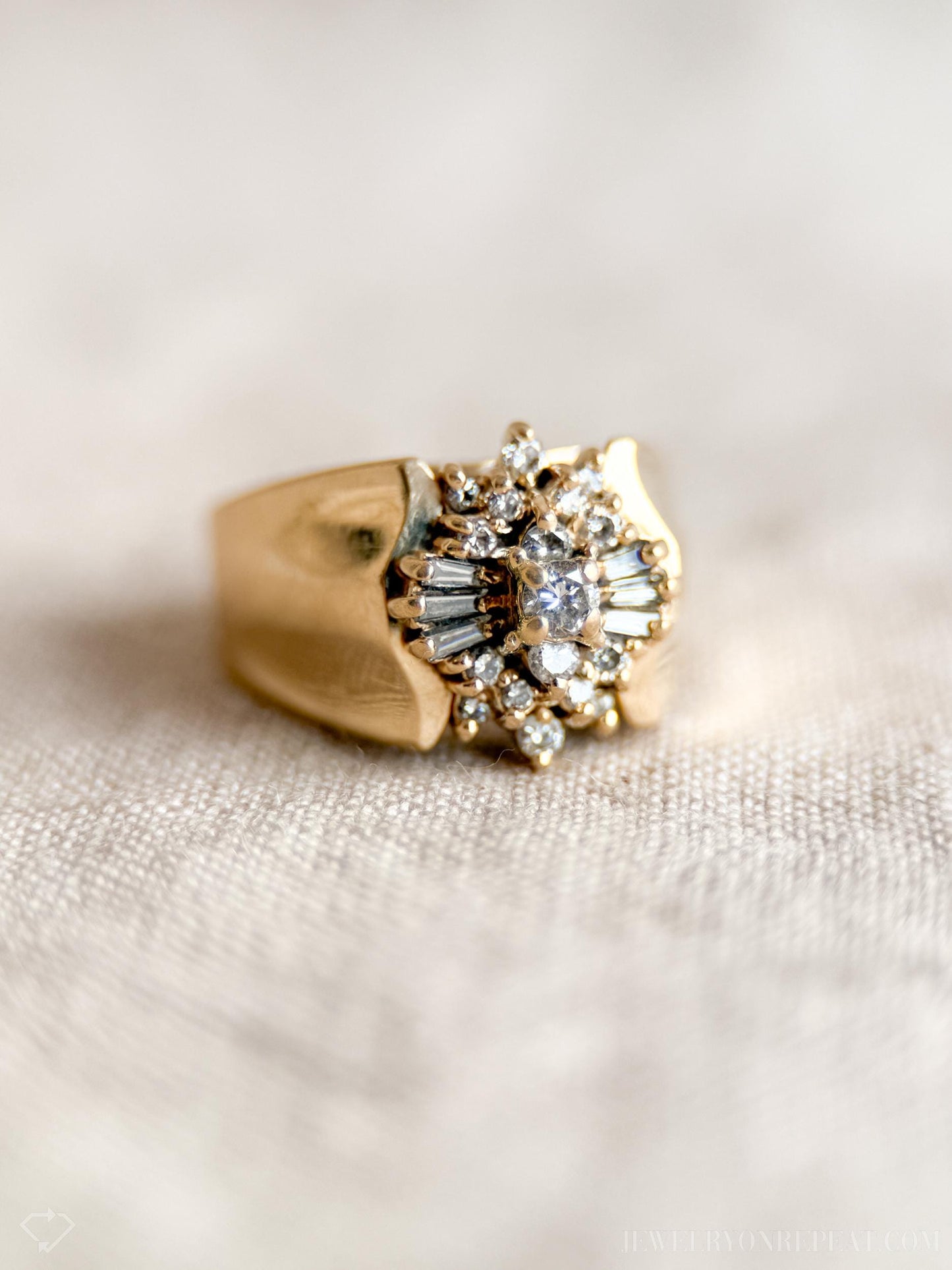 Vintage 1970s Diamond Engagement Ring, 14k Gold, Cluster Sunburst Halo Design • One-of-a-kind Vintage Jewelry