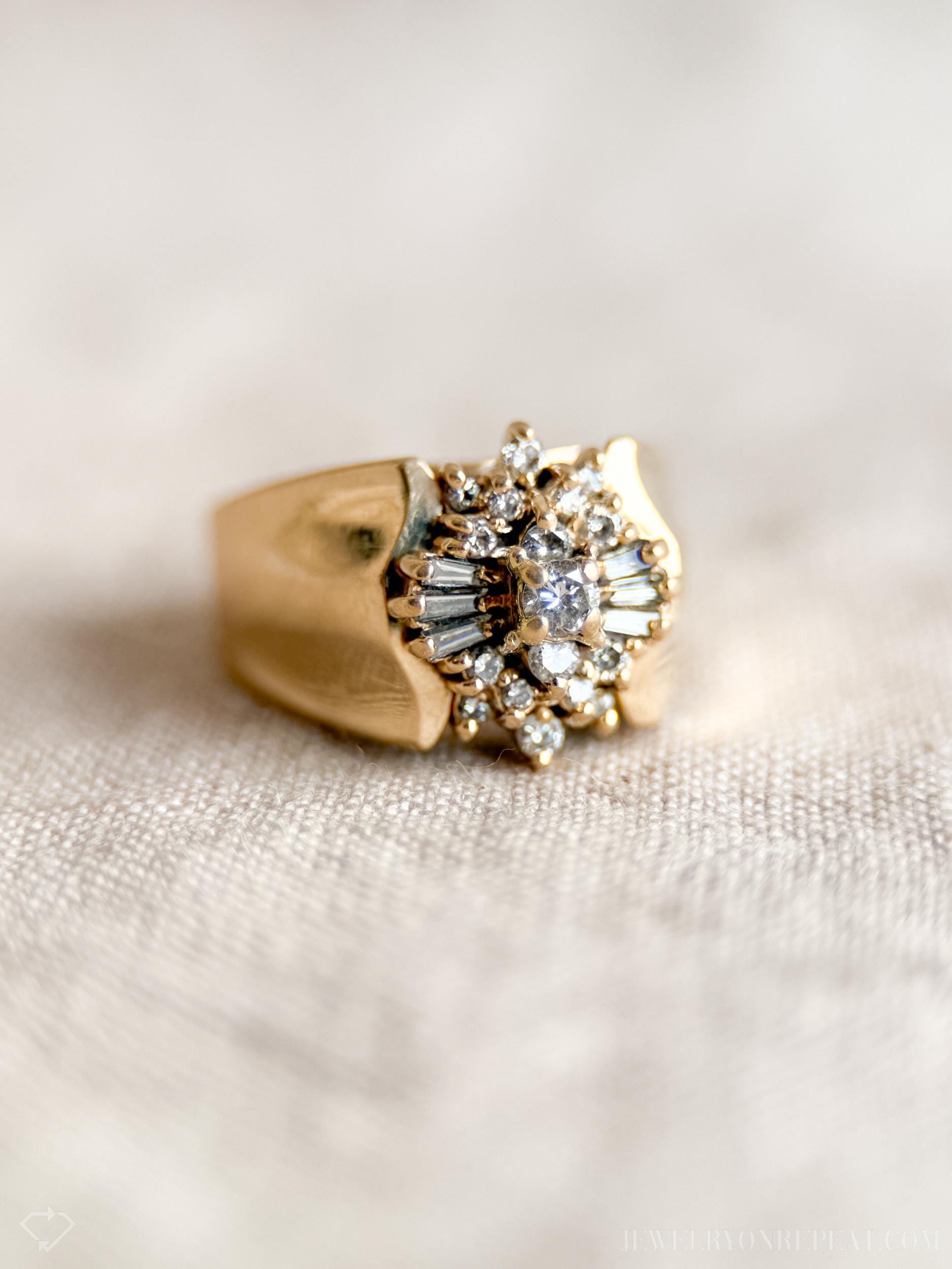 Vintage 1970s Diamond Engagement Ring, 14k Gold, Cluster Sunburst Halo Design • One-of-a-kind Vintage Jewelry