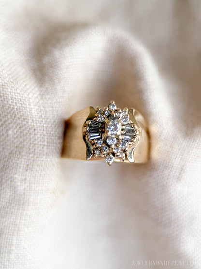 Vintage 1970s Diamond Engagement Ring, 14k Gold, Cluster Sunburst Halo Design • One-of-a-kind Vintage Jewelry