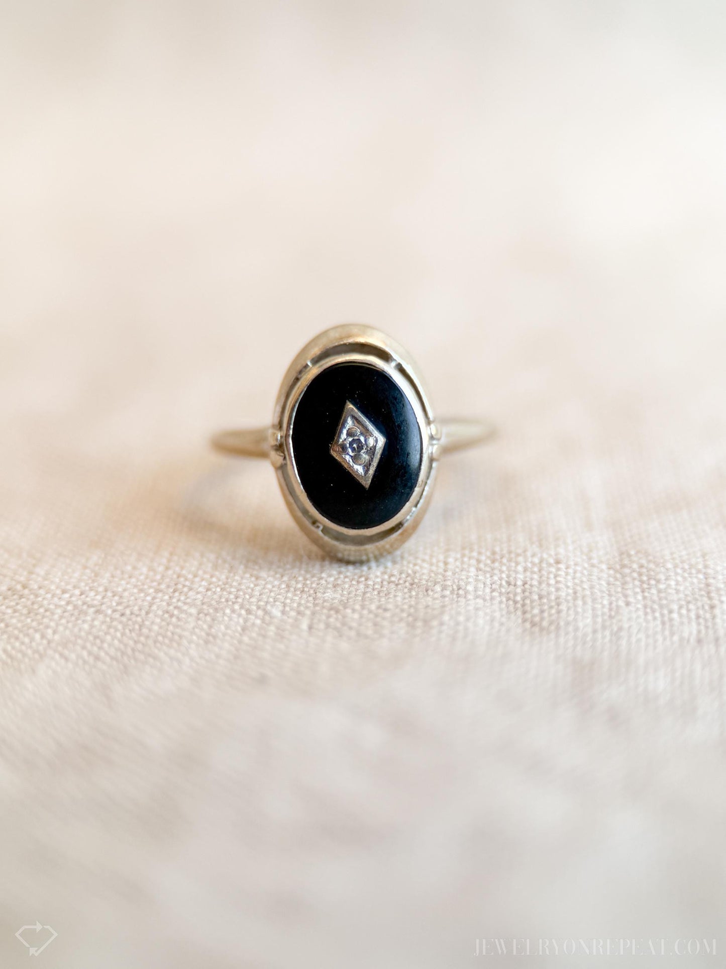 Vintage Onyx and Diamond Ring in 14k White Gold, Antique Jewelry from the 1940s - Timeless, Sustainable, @JewelryOnRepeat