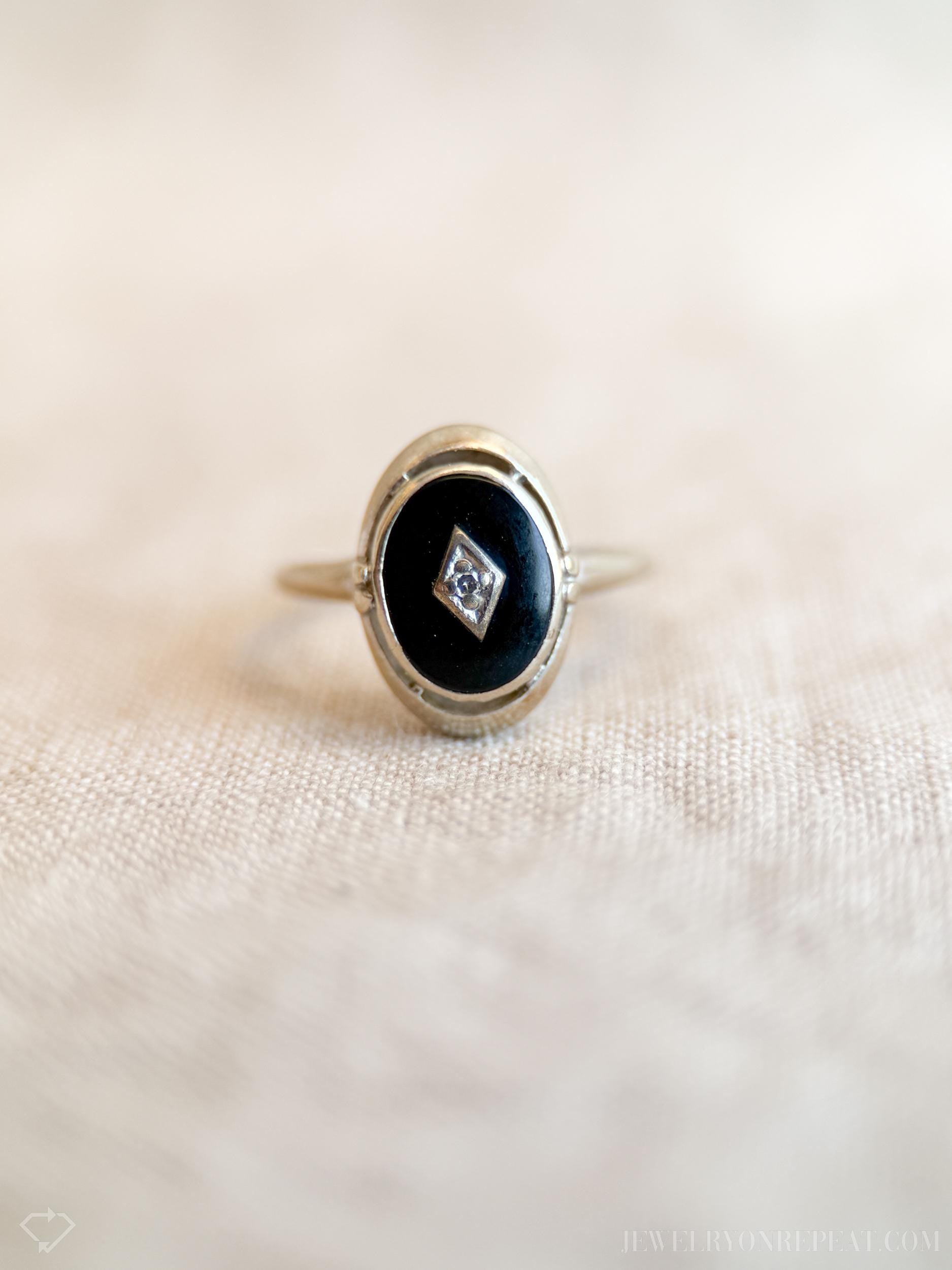 Vintage Onyx and Diamond Ring in 14k White Gold, Antique Jewelry from the 1940s - Timeless, Sustainable, @JewelryOnRepeat