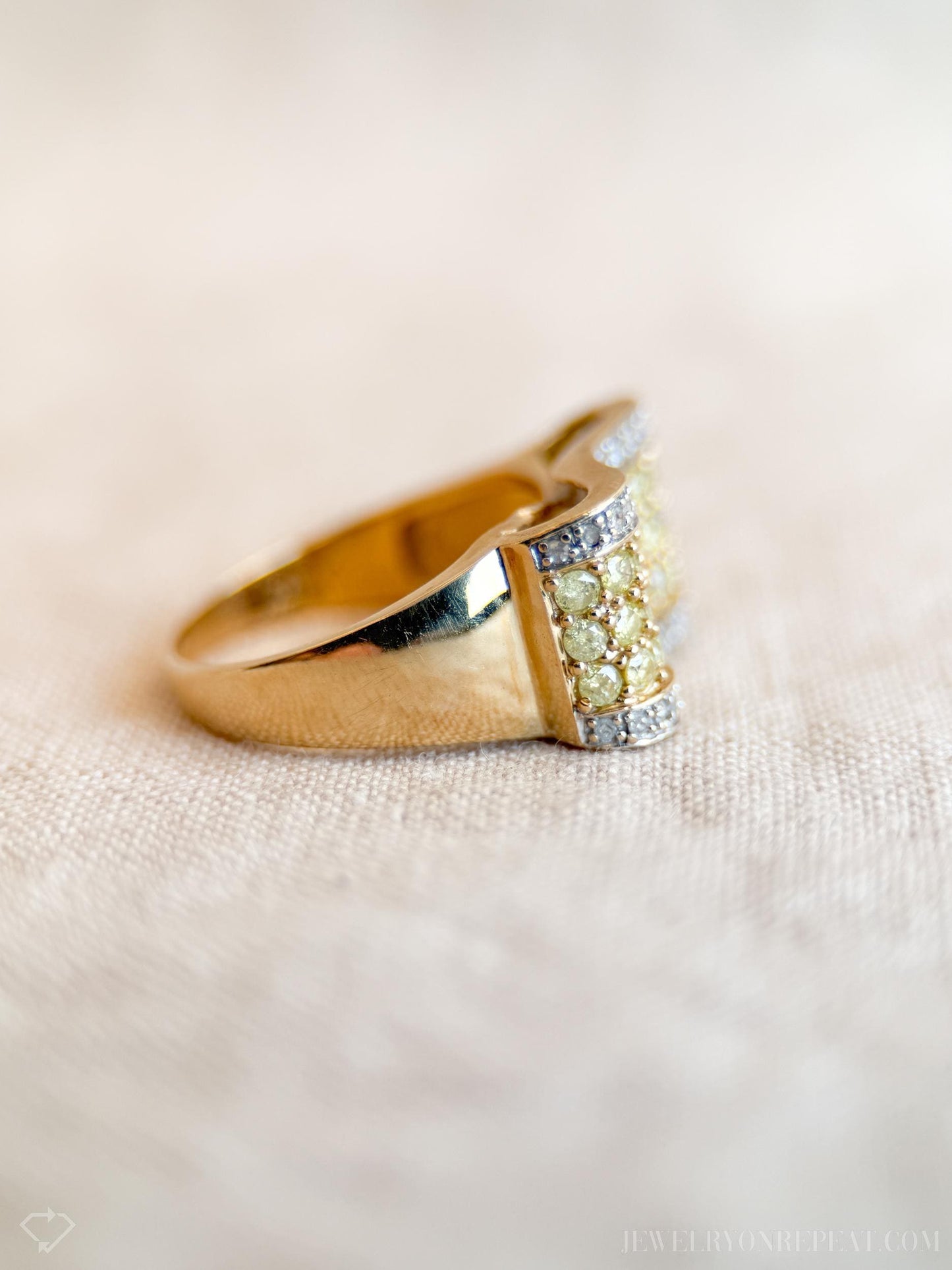 Vintage Yellow Diamond Statement Band, 14k Gold, Pave Ribbon Wave Ring