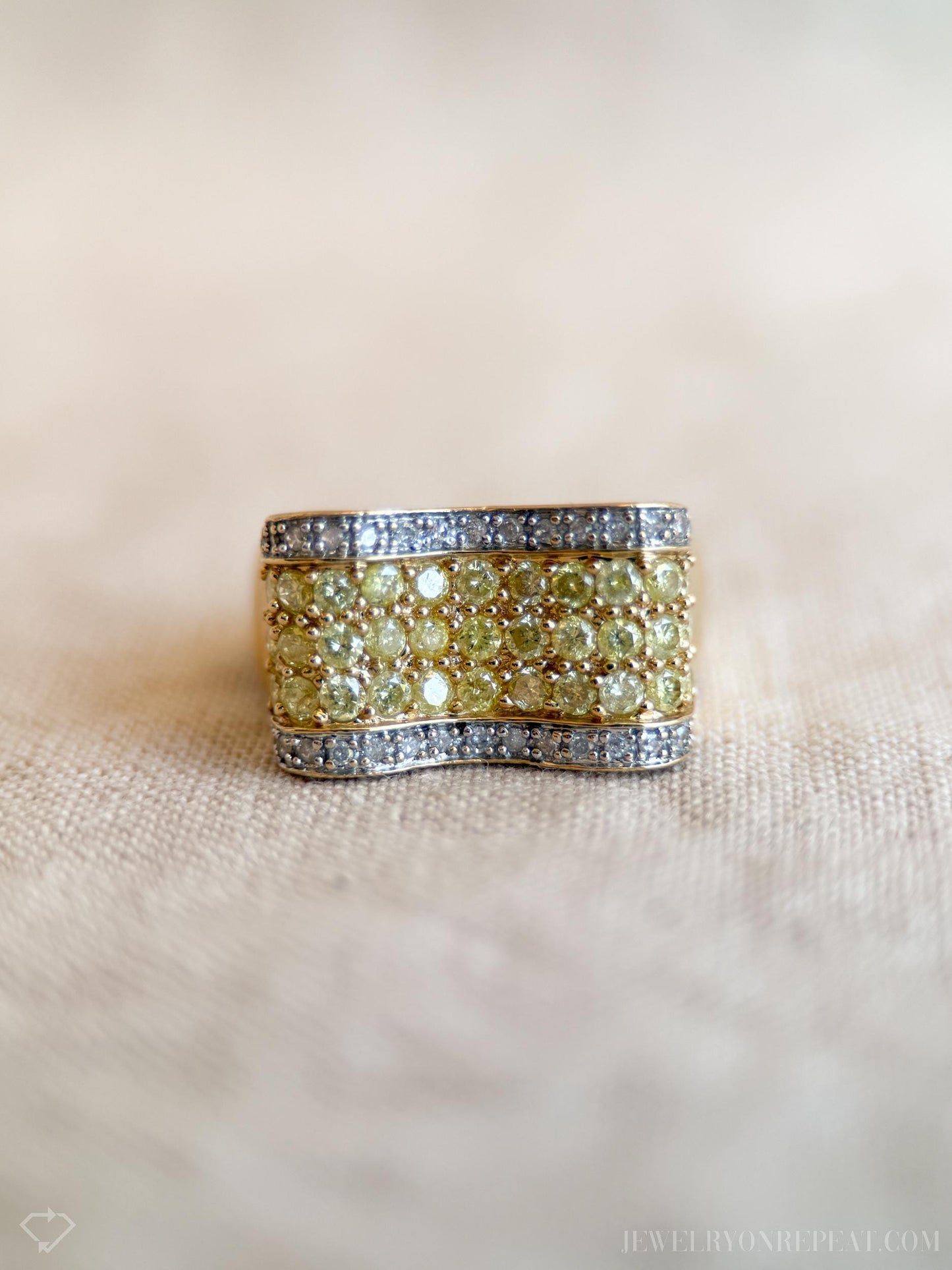 Vintage Yellow Diamond Statement Band, 14k Gold, Pave Ribbon Wave Ring