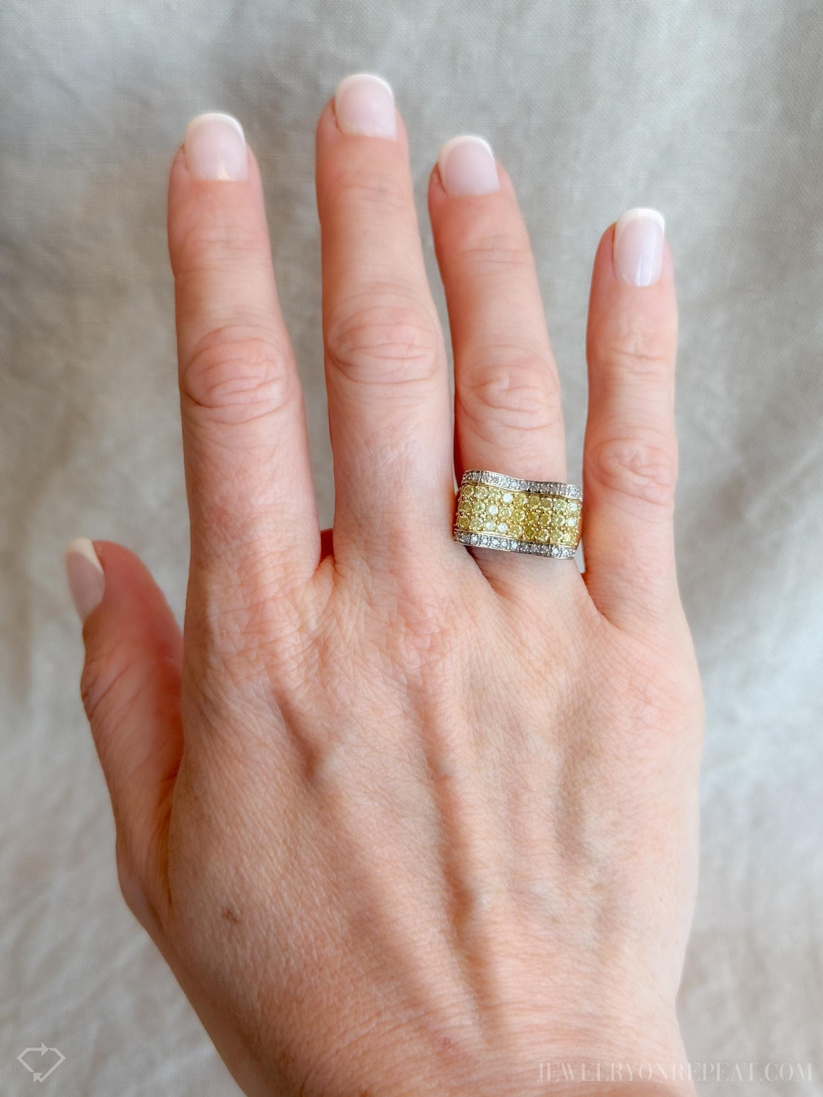 Vintage Yellow Diamond Statement Band, 14k Gold, Pave Ribbon Wave Ring