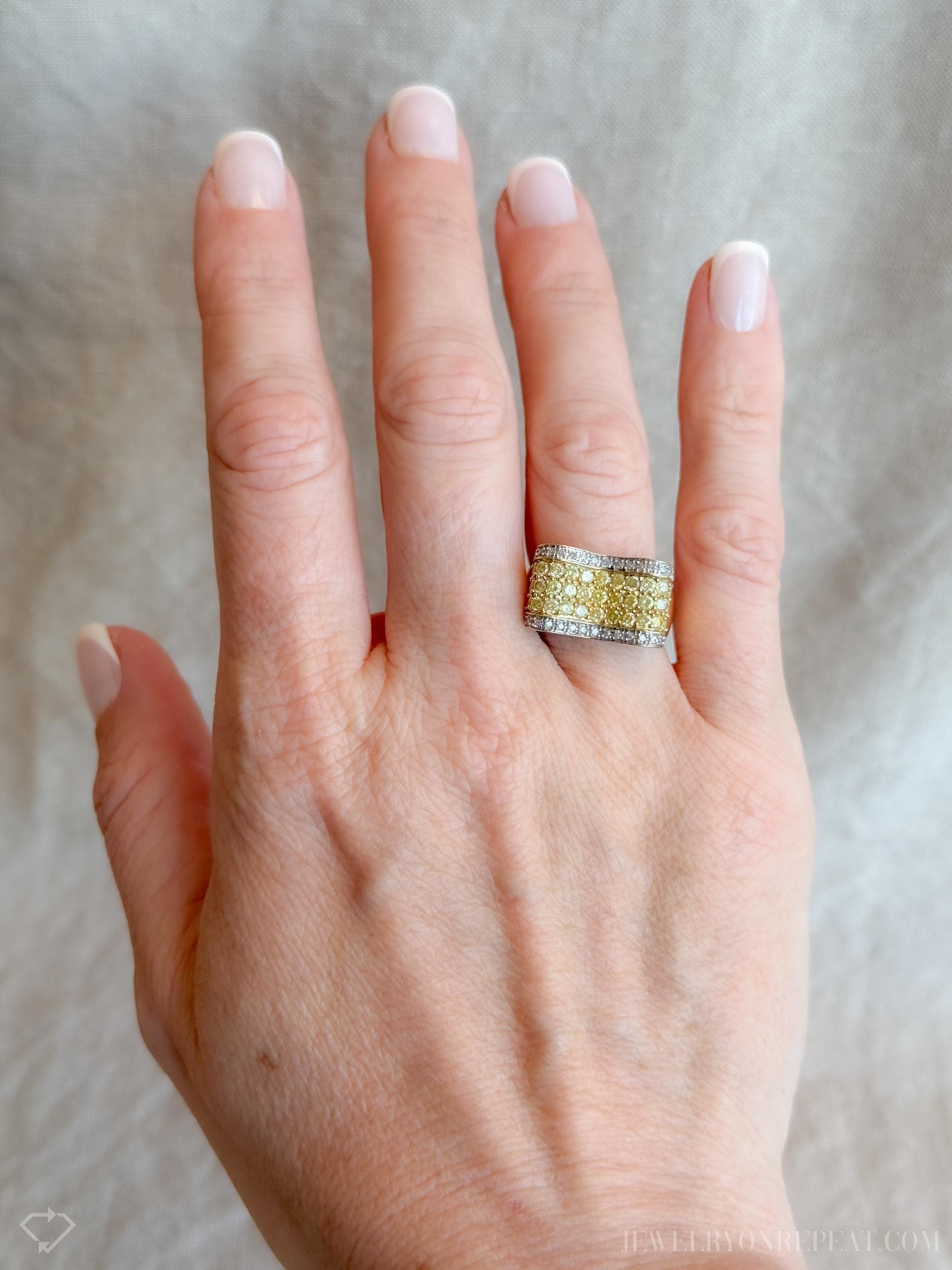 Vintage Yellow Diamond Statement Band, 14k Gold, Pave Ribbon Wave Ring