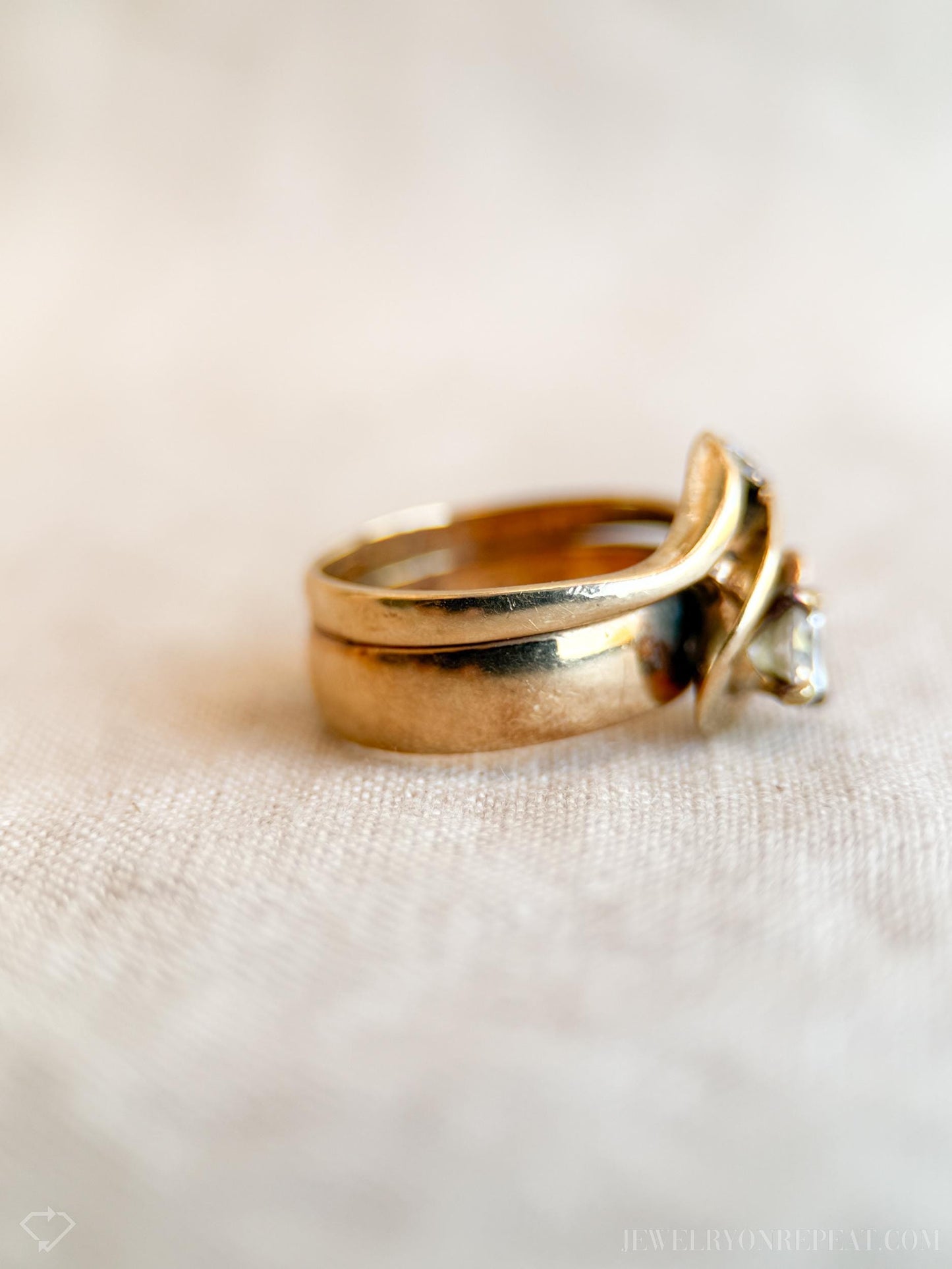 Vintage Diamond Bridal Set Freeform Engagement Ring and Wedding Band in 14k Gold, Antique 1930s Jewelry - Timeless, @JewelryOnRepeat