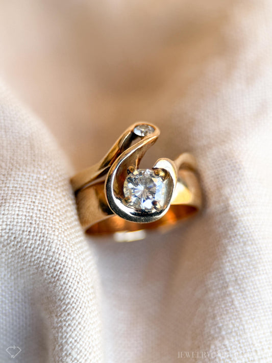 Vintage Diamond Bridal Set Freeform Engagement Ring and Wedding Band in 14k Gold, Antique 1930s Jewelry - Timeless, @JewelryOnRepeat