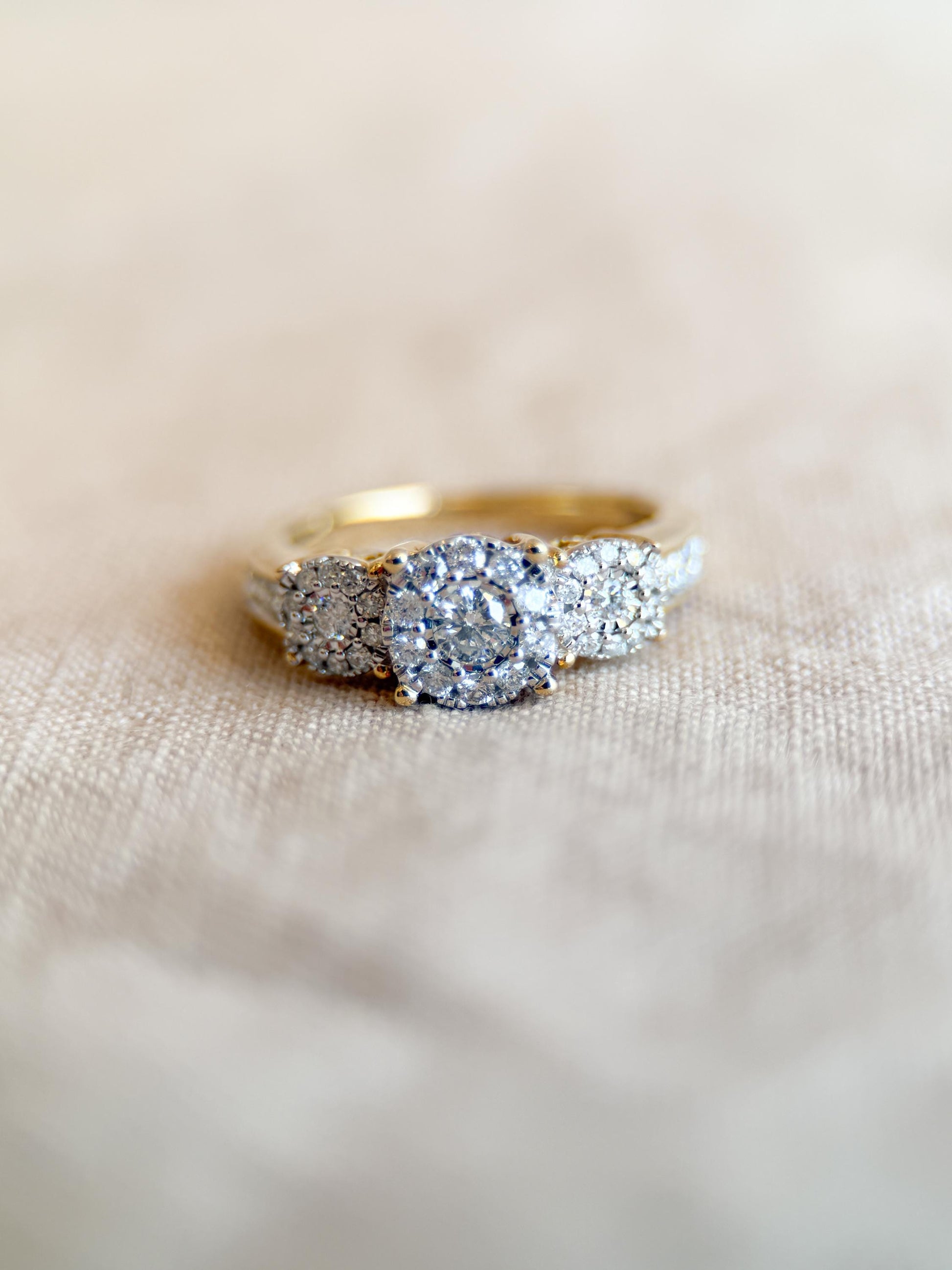 Vintage Diamond Halo Three Stone Engagement Ring in 14k Gold - Retro 1990s Jewelry - Timeless, Sustainable, @JewelryOnRepeat