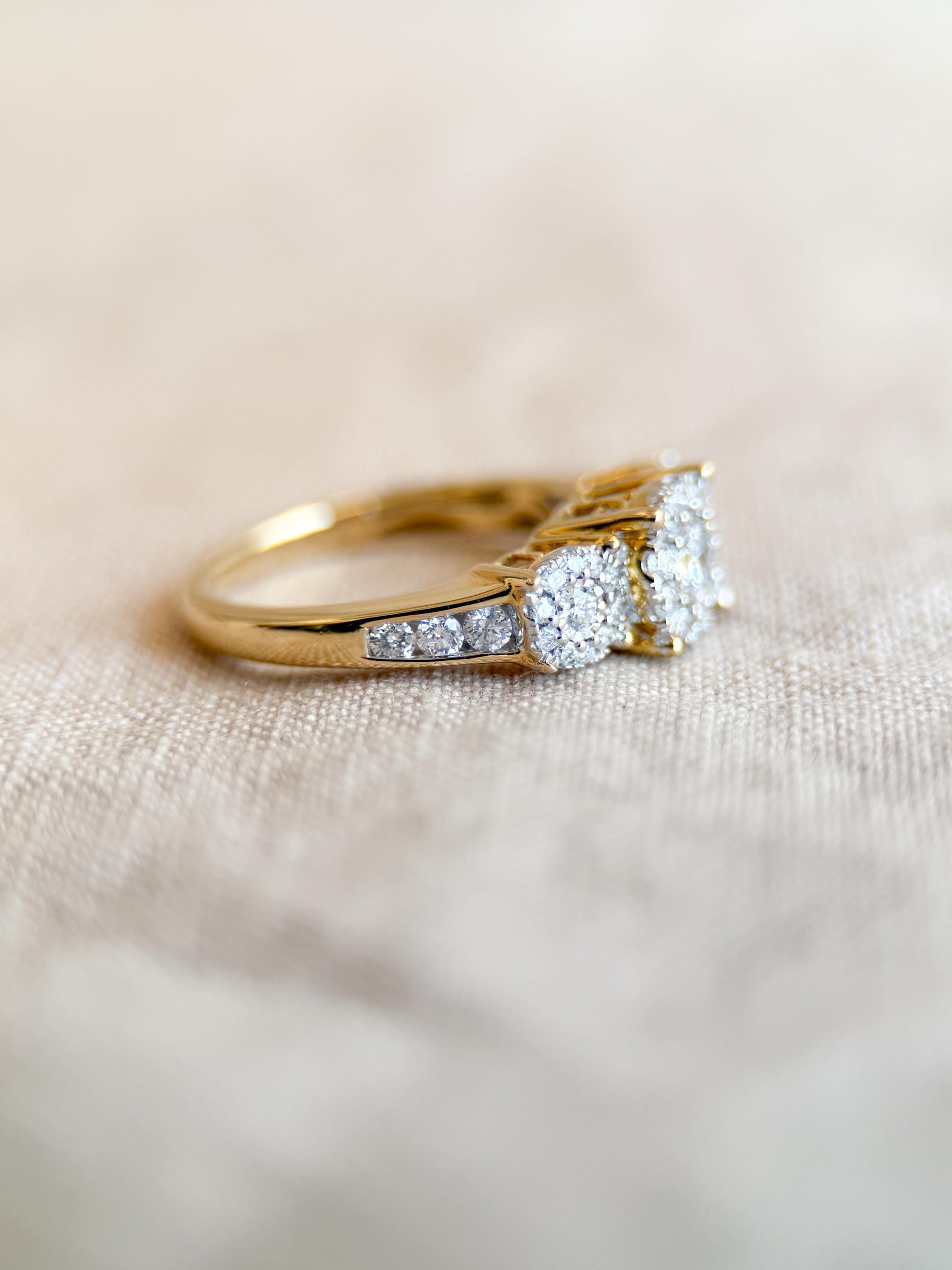 Vintage Diamond Halo Three Stone Engagement Ring in 14k Gold - Retro 1990s Jewelry - Timeless, Sustainable, @JewelryOnRepeat