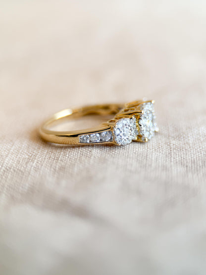 Vintage Diamond Engagement Ring, Round Cut, 14k Gold, 1990s Three Stone Halo Bridal Ring