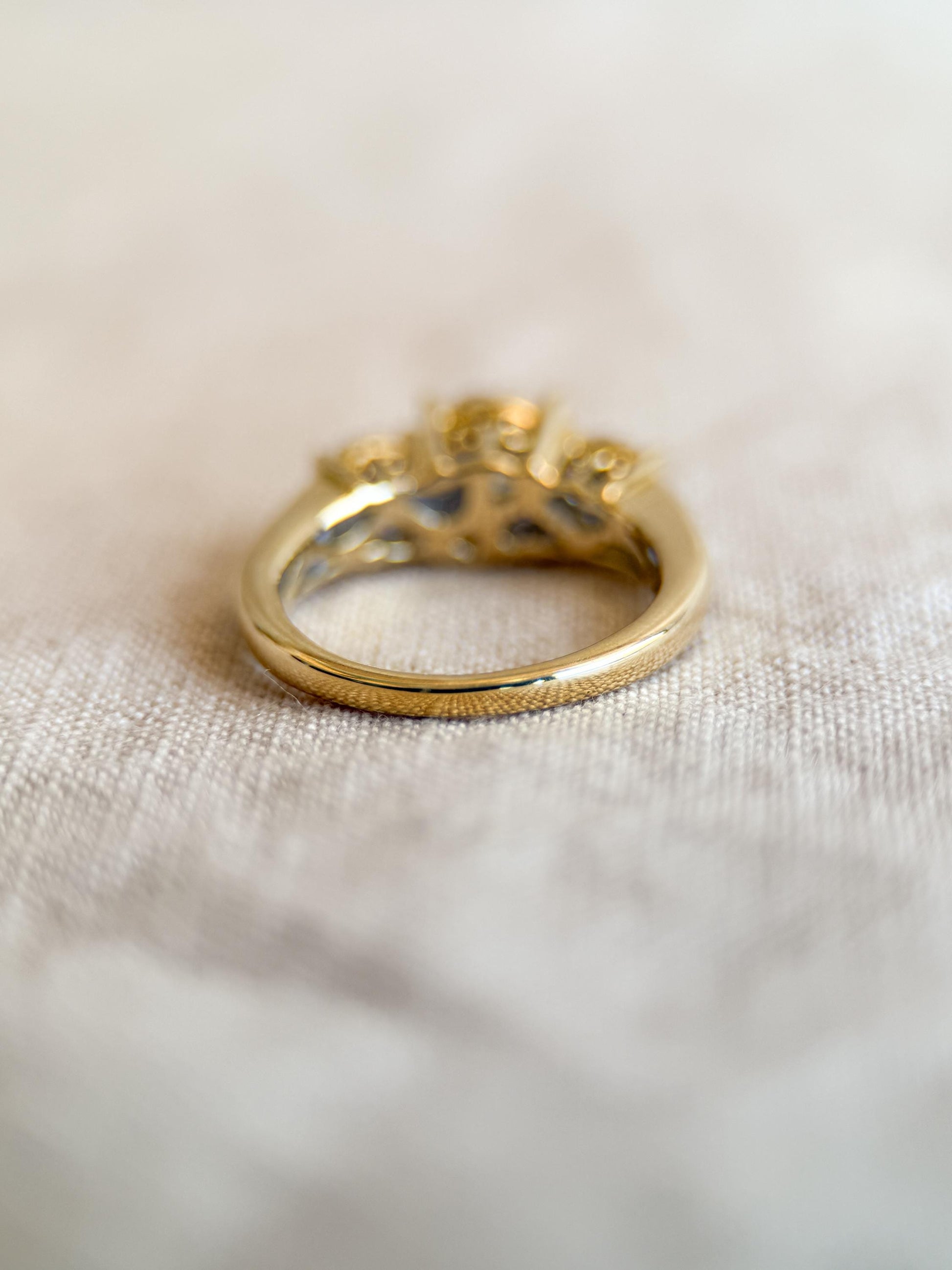 Vintage Diamond Halo Three Stone Engagement Ring in 14k Gold - Retro 1990s Jewelry - Timeless, Sustainable, @JewelryOnRepeat