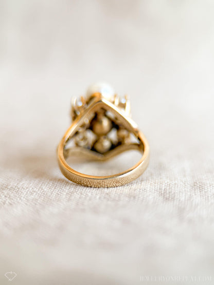 Vintage Pearl Ring, 14k Gold, 1970s Cluster Statement Ring, Elegant Gemstone Jewelry