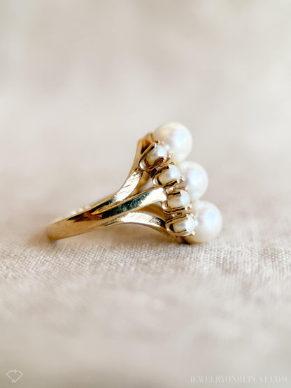 Vintage Pearl Ring, 14k Gold, 1970s Cluster Statement Ring, Elegant Gemstone Jewelry
