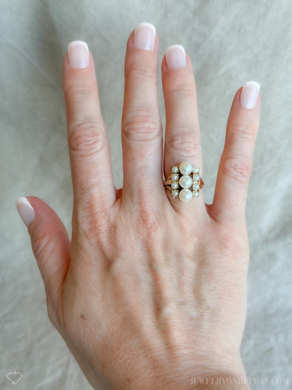 Vintage Pearl Ring, 14k Gold, 1970s Cluster Statement Ring, Elegant Gemstone Jewelry