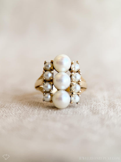 Vintage Pearl Ring, 14k Gold, 1970s Cluster Statement Ring, Elegant Gemstone Jewelry