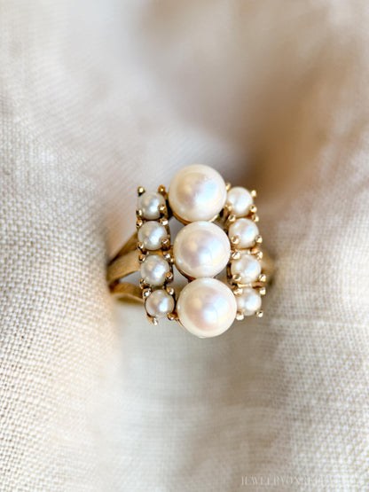 Vintage Pearl Ring, 14k Gold, 1970s Cluster Statement Ring, Elegant Gemstone Jewelry