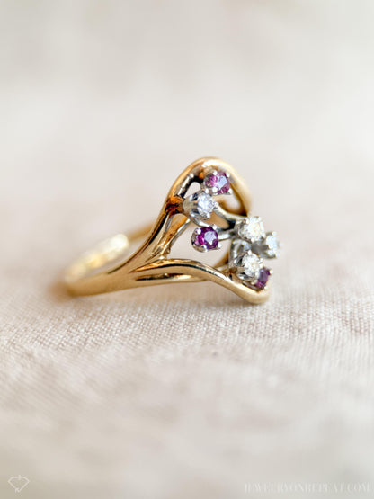 Vintage Diamond & Ruby Engagement Ring, Round Cut, 14k Gold, 1960s Cluster Bridal Ring