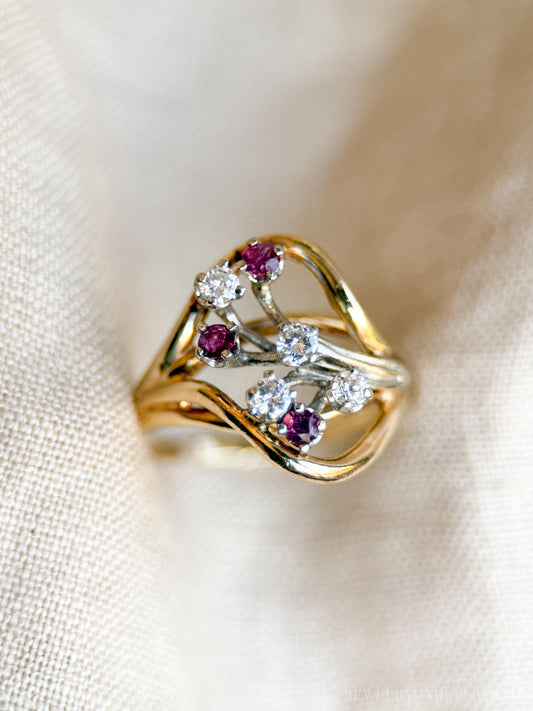 Vintage Diamond & Ruby Engagement Ring, Round Cut, 14k Gold, 1960s Cluster Bridal Ring