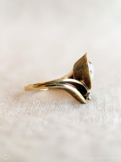 Vintage Opal and Diamond Ring, 14k Gold, Marquise 1970s Boho Statement Ring, Bold Gemstone Jewelry