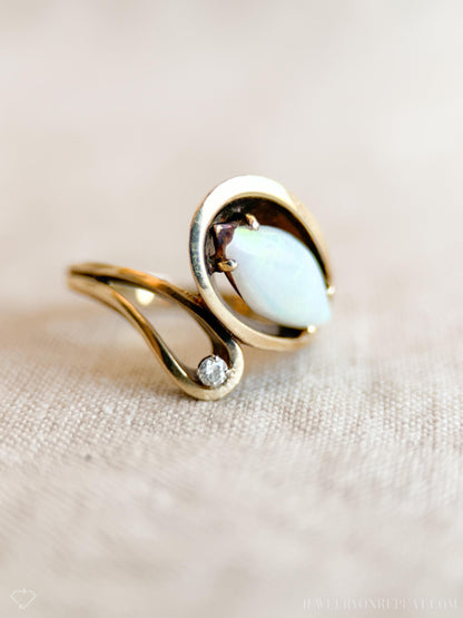 Vintage Opal and Diamond Ring, 14k Gold, Marquise 1970s Boho Statement Ring, Bold Gemstone Jewelry