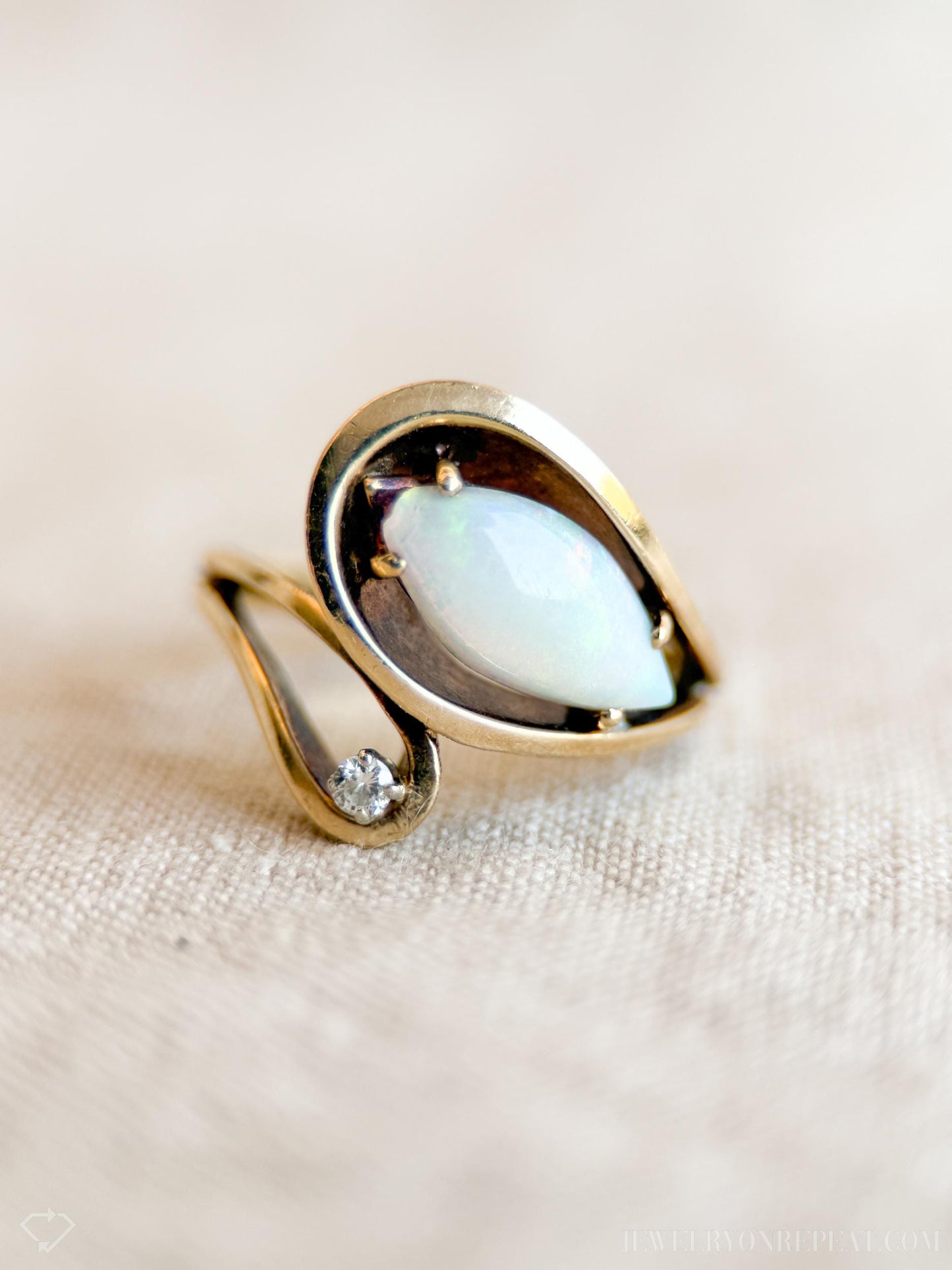 Vintage 1970s Marquise Opal & Diamond Ring in 14k Gold