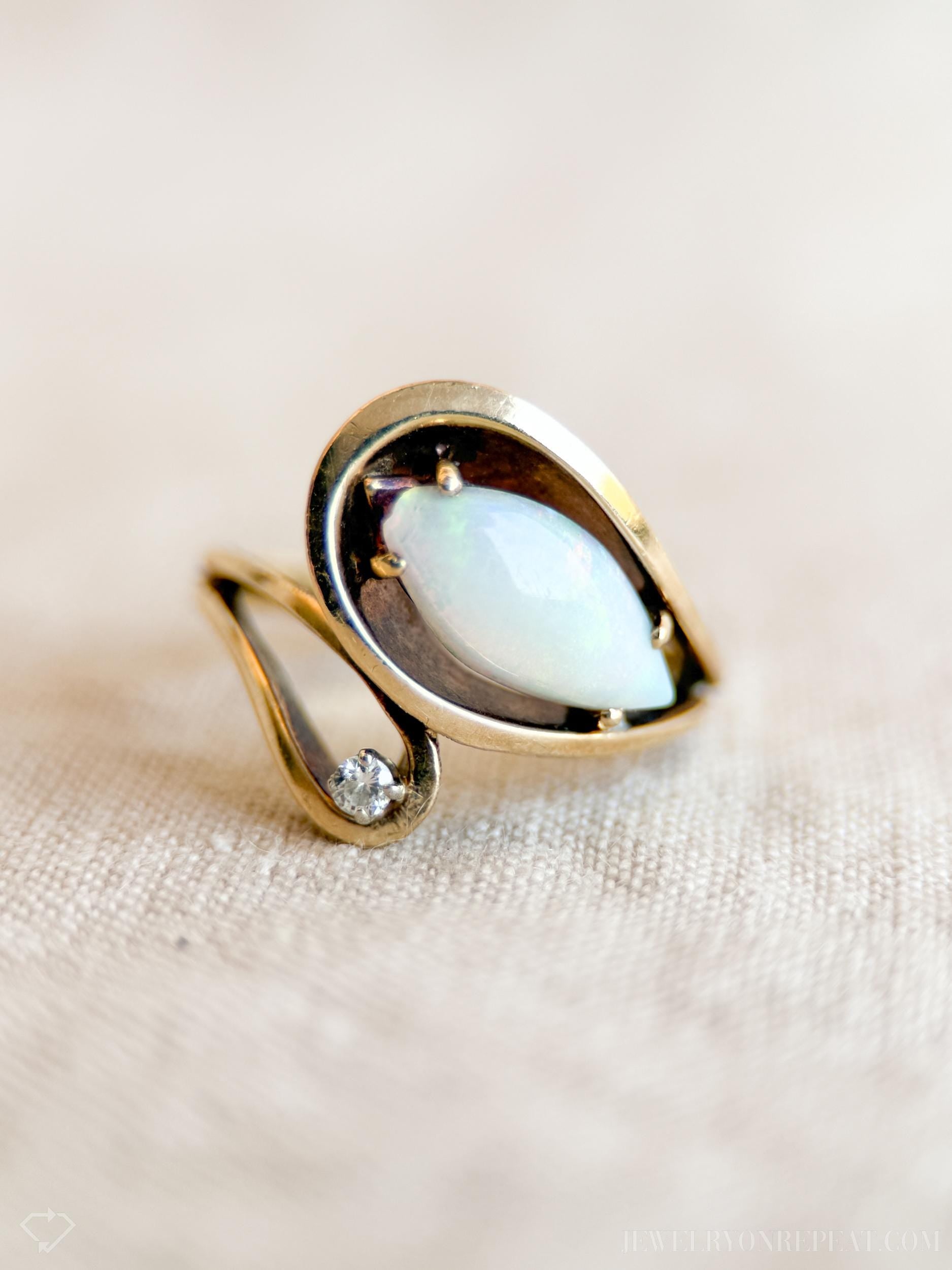 Vintage 1970s Marquise Opal & Diamond Ring in 14k Gold