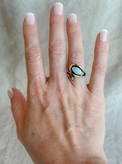 Vintage Opal and Diamond Ring, 14k Gold, Marquise 1970s Boho Statement Ring, Bold Gemstone Jewelry
