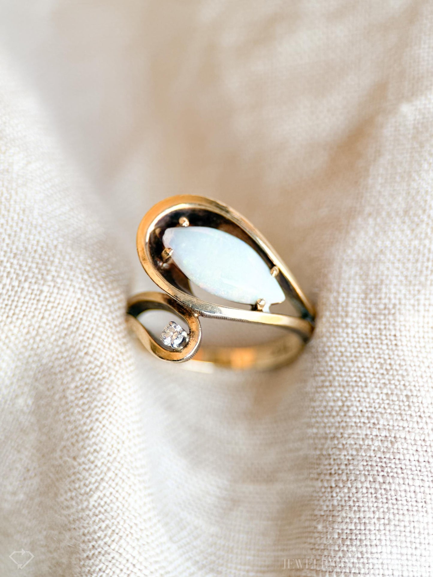 Vintage 1970s Marquise Opal & Diamond Ring in 14k Gold