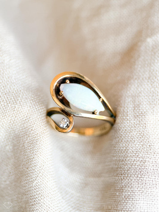 Vintage 1970s Marquise Opal & Diamond Ring in 14k Gold