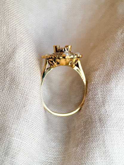Vintage Sapphire & Pearl Ring, 14k Gold, 1940s Art Nouveau Filigree Statement Ring, Gemstone Jewelry