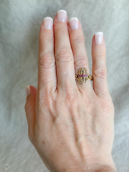 Antique 1880s Art Deco Ruby & Pearl Ring, 18k Gold