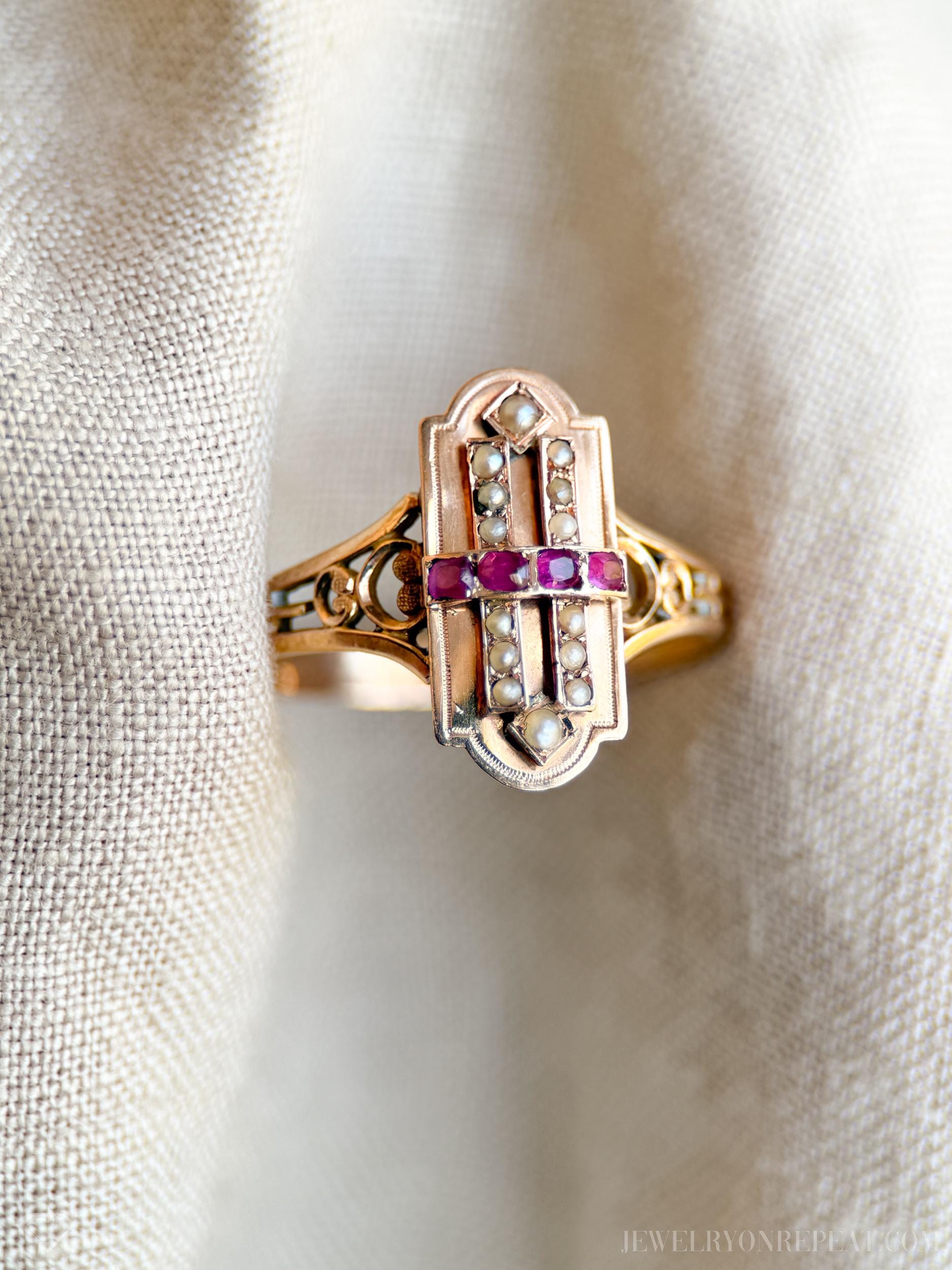 Vintage Art Deco Ruby and Pearl Ring in 18k Rose Gold, Antique Jewelry from the 1880s - Timeless, Sustainable, @JewelryOnRepeat