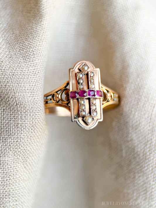 Antique 1880s Art Deco Ruby & Pearl Ring, 18k Gold