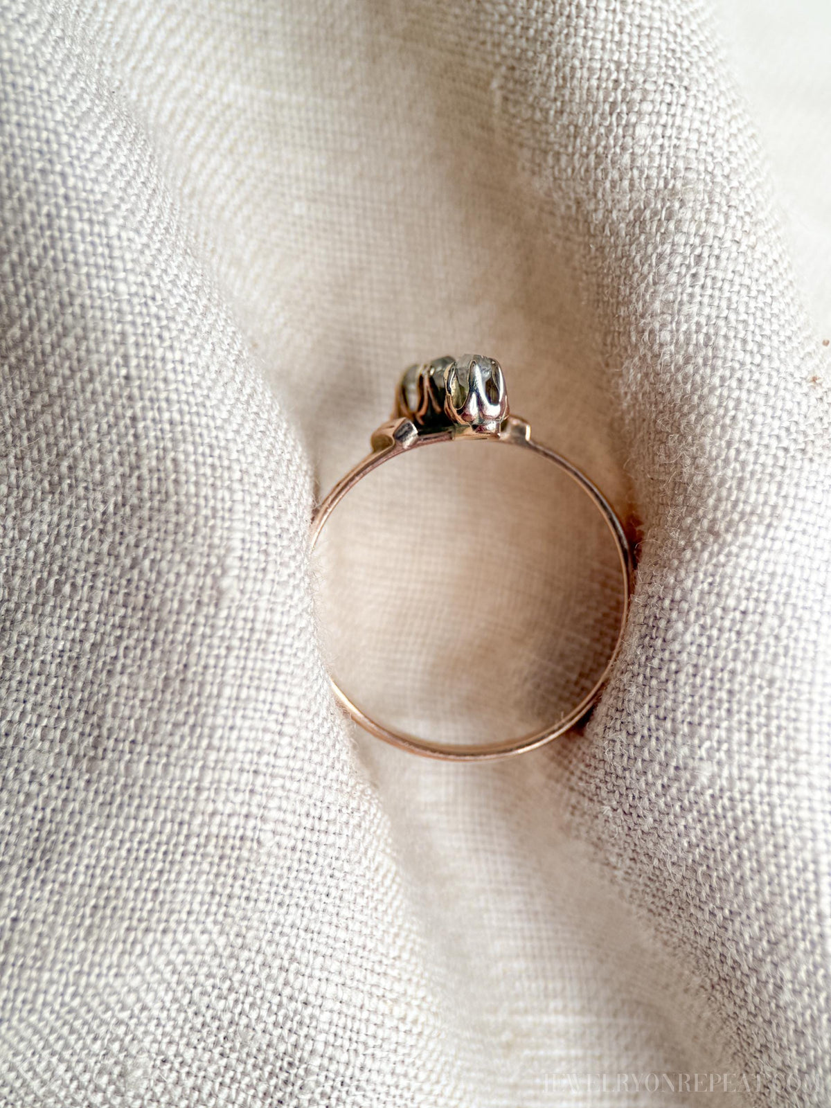 Antique Diamond Engagement Ring, Rose Cut, 10k Gold, 1890s Three-Stone Art Nouveau Bridal Ring