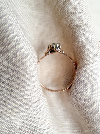 Antique Diamond Engagement Ring, Rose Cut, 10k Gold, 1890s Three-Stone Art Nouveau Bridal Ring
