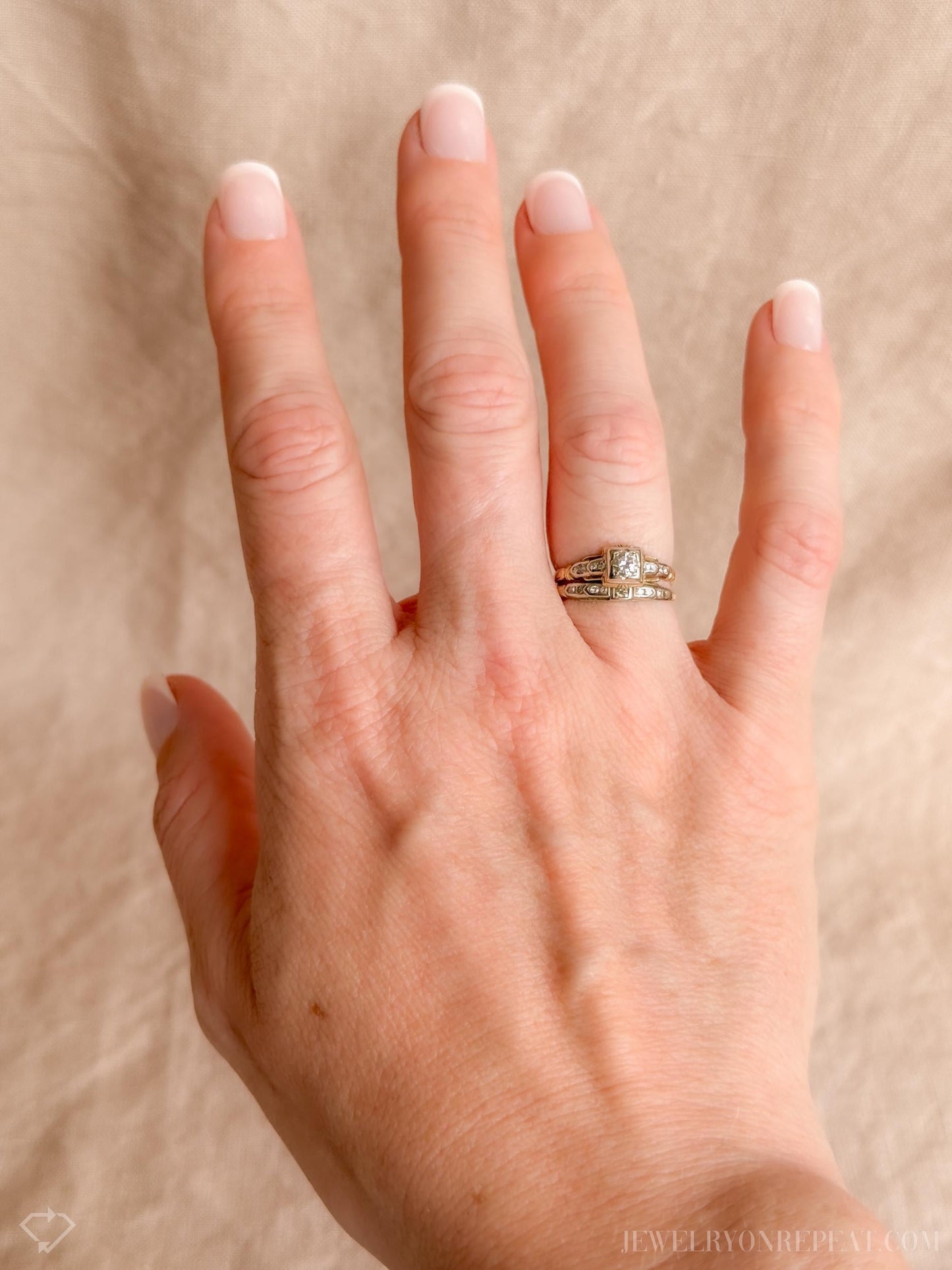 Vintage Art Deco Diamond Bridal Set, Engagement Ring and Wedding Band in 14k Gold, Antique 1940s Jewelry - Timeless, @JewelryOnRepeat