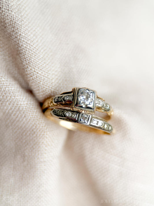 Vintage Art Deco Diamond Bridal Set, Engagement Ring and Wedding Band in 14k Gold, Antique 1940s Jewelry - Timeless, @JewelryOnRepeat